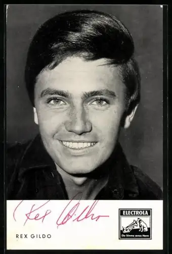 AK Musiker Rex Gildo in die Kamera schauend, Autograph