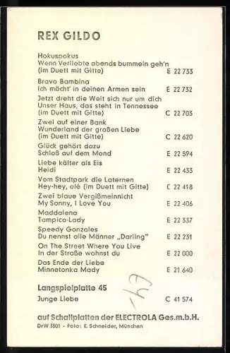 AK Musiker Rex Gildo in die Kamera schauend, Autograph