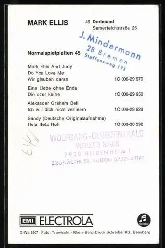 AK Sänger Mark Elles, Portrait mit seitwärts gerichtetem Blick, Autograph