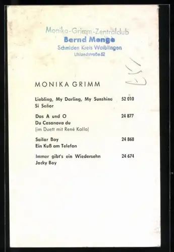 AK Sängerin Monika Grimm am Telefon, Autograph