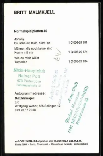 AK Musikerin Britt Malmkjell im Portrait, Autograph