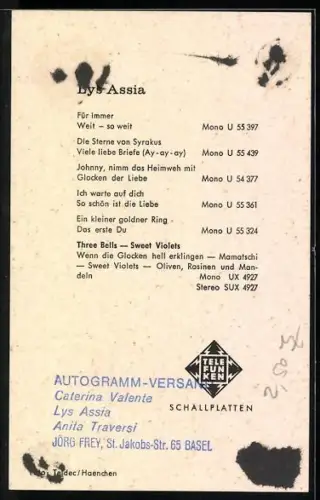 AK Sängerin Lys Assia, Portrait mit Perlenkette, Autograph