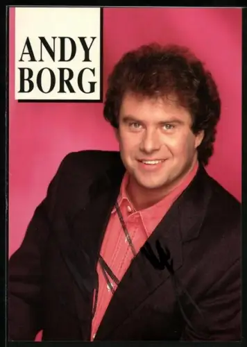 AK Musiker Andy Borg vor rotem Hintergrund, Autograph