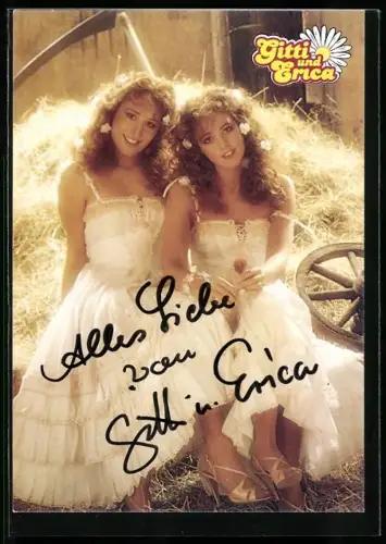 AK Musikerinnen Gitti und Erica auf einem Haufen Stroh, Autograph