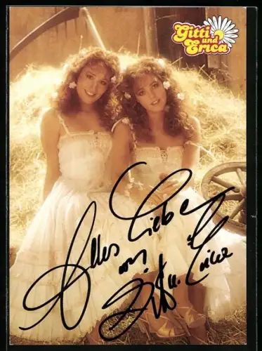 AK Musikerinnen Gitti und Erica in weissen Kleidern, Autograph
