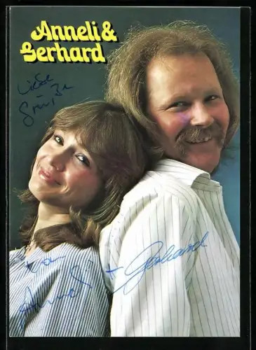 AK Musiker Anneli & Bernhard in gestreiften Hemden, Autograph