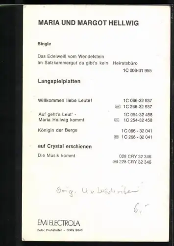 AK Musikerinnen Maria und Margot Hellwig im Porträt mit Autograph