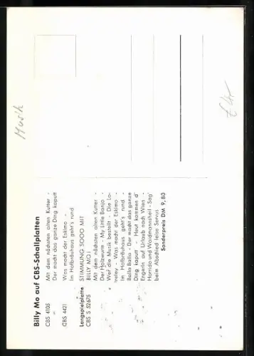 AK Musiker Billy Mo in hellem Strickpullover, Autograph