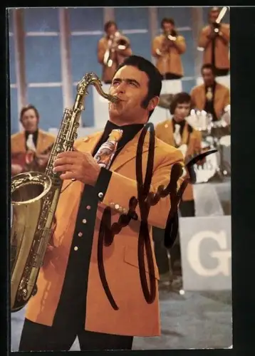 AK Musiker Max Greger spielt Saxophon, Autograph
