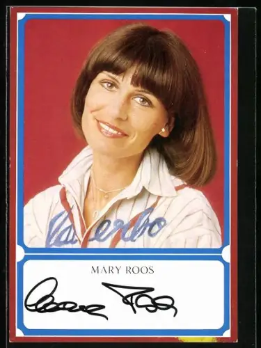 Künstler-AK Sängerin Mary Roos in gestreiftem Hemd portraitiert, Autograph
