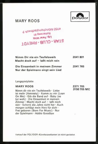 Künstler-AK Sängerin Mary Roos in gestreiftem Hemd portraitiert, Autograph