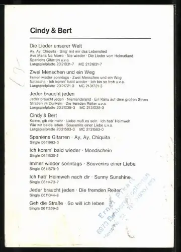 AK Musiker Cindy & Bert bei einem Auftritt, Autographen