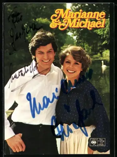 AK Sänger-Duo Marianne und Michael vor Schwanenteich, Autograph