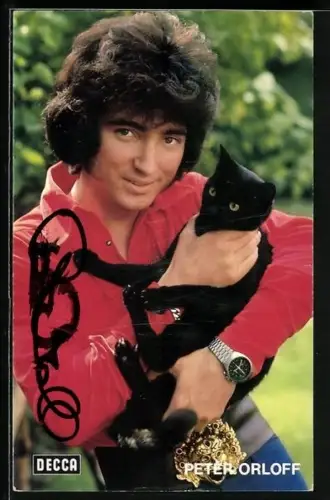 AK Musiker Peter Orloff mit einer Katze auf dem Arm, Autograph