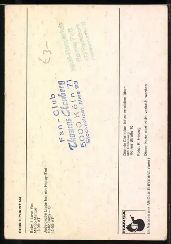 AK Musiker Dennie Christian schaut mit lässigem Blick in die Kamera, Autograph