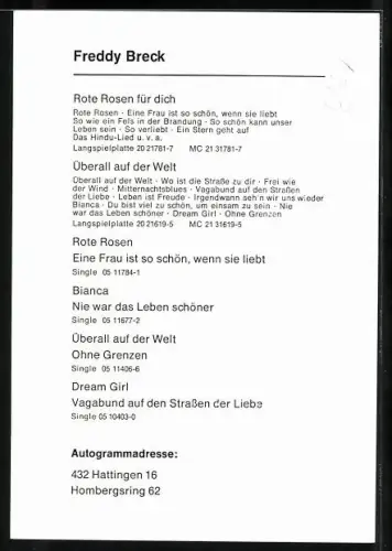 AK Musiker Freddy Breck lächelt charmant in die Kamera, Autograph