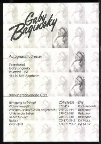 AK Musikerin Gaby Baginsky, Porträt, Autograph
