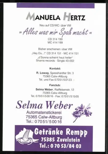 AK Musikerin Manuela Hertz, Portrait, Autograph