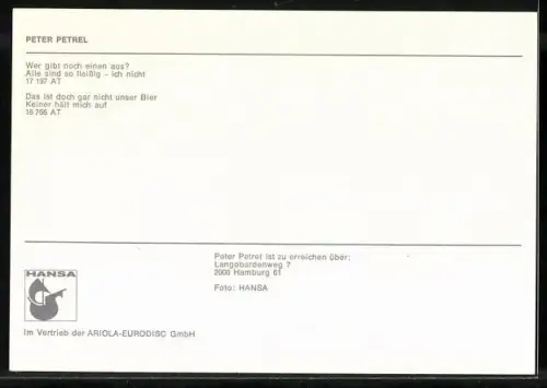 AK Musiker Peter Petrel mit einer Bierkiste auf einer Wiese, Autograph