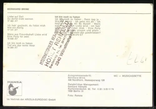 AK Musiker Bernhard Brink mit Pullover und Hemd, Autograph