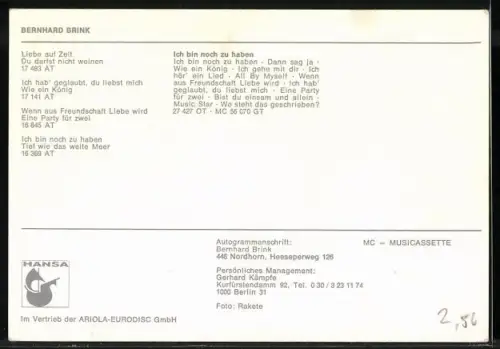 AK Musiker Bernhard Brink lächelnd im Porträt, Autograph