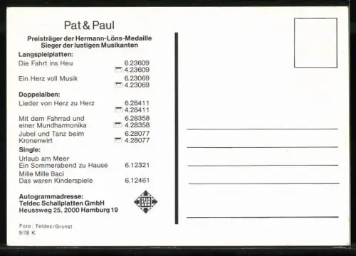 AK Musiker Pat & Paul mit Gitarre, Autograph