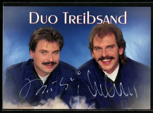 AK Musiker Duo Treibsand in blauen Hemden, Autographen
