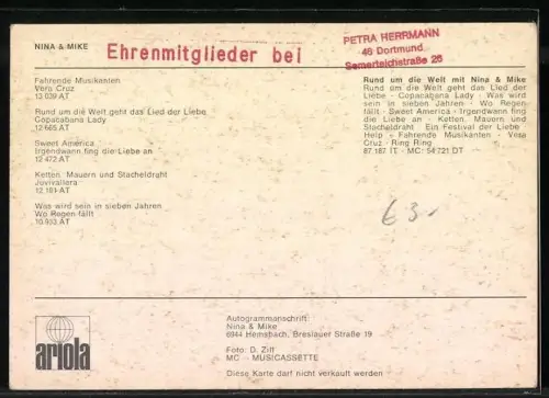 AK Musiker Nina & Mike lächelnd im Porträt, Autograph