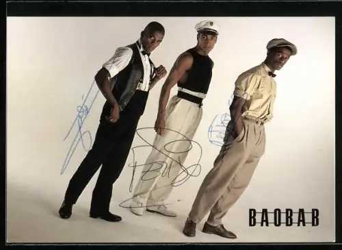 AK Musiker Baobab vor weissem Hintergrund mit Autographen
