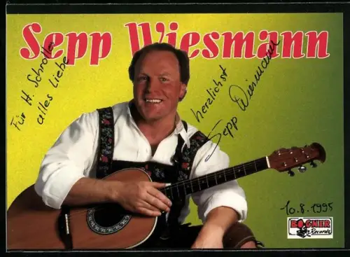 AK Musiker Sepp Wiesmann in Tracht mit Gitarre, Autograph