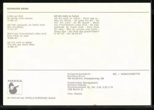 AK Musiker Bernhard Brink mit Pullover und Hemd, Autograph
