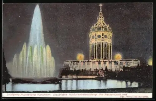 AK Mannheim, Konturen des Wasserturms und Hauptrestaurants elektrisch beleuchtet, Jubiläumsausstellung