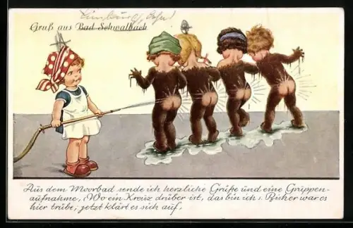 Künstler-AK Bad Schwalbach, Dreckige Kinder werden mit Wasserstrahl abgespritzt