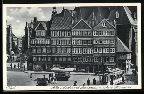 AK Kiel, Alter Markt mit den persianischen Häusern, Strassenbahn unterwegs