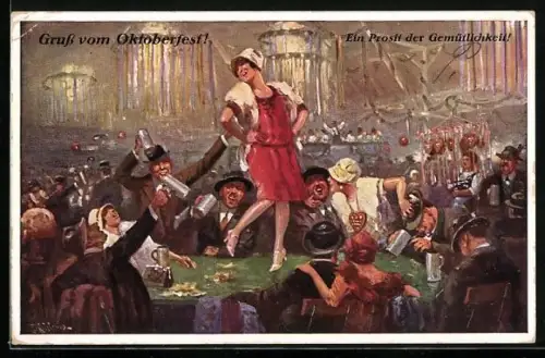 Künstler-AK Ernst Schlemo: München, Oktoberfest, Feiernde im Festzelt