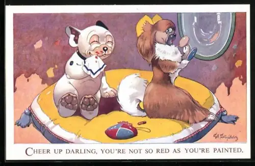 Künstler-AK George Ernest Studdy: Verliebter Bonzo wischt sich den Lippenstift von der Schnauze