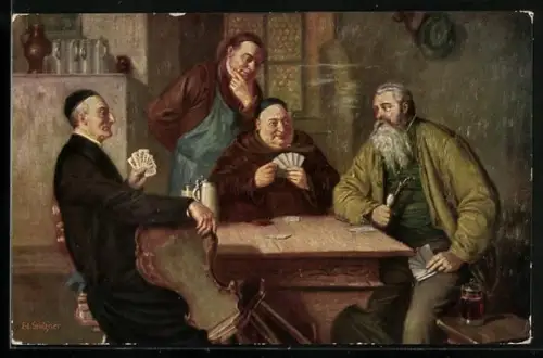 Künstler-AK Degi Nr. 1220: in der Klemme, Männer spielen Skat