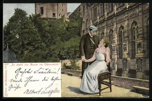 AK Odenwald, Liebespaar, Frau auf einem Stuhl sitzend, Mann hält ihre Hand, studentische Szene