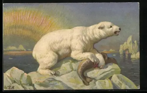 Künstler-AK Eisbär mit erbeuteter Robbe auf einer Eisscholle