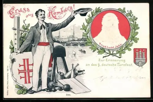 AK Hamburg, 9. deutsches Turnfest, Friedrich Ludwig Jahn, Turner mit Hanteln, Kegeln, Wappen