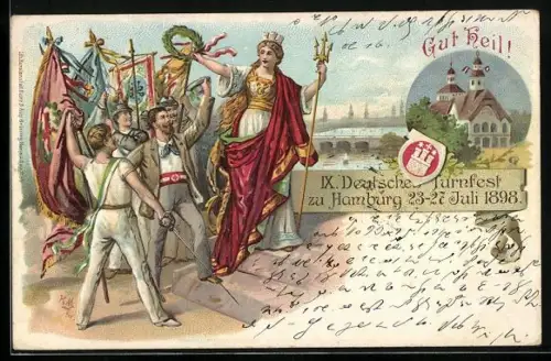 Lithographie Hamburg, 10. Deutsches Turnfest 23.-27. Juli 1898, Turner mit Fahnen