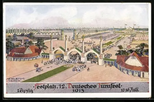 Künstler-AK Leipzig, 12. Deutsches Turnfest 1913, Eingang zum Festplatz
