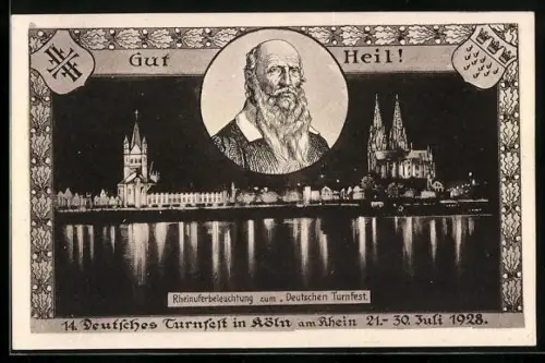 AK Köln am Rhein, 14. Deutsches Turnfest 1928, Rheinuferbeleuchtung, Portrait von Turnvater Jahn