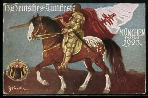 AK München, 13. Deutsches Turnfest 1923, Fahnenträger zu Pferd, Münchner Kindl