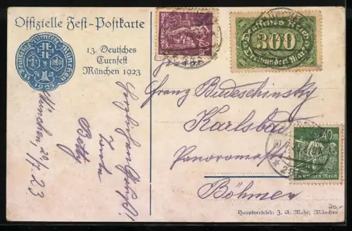 AK München, 13. Deutsches Turnfest 1923, Fahnenträger zu Pferd, Münchner Kindl