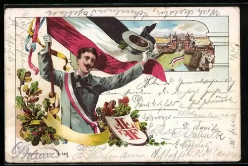 Lithographie Turner trägt Reichsfahne, Wappen, Eichenblätter