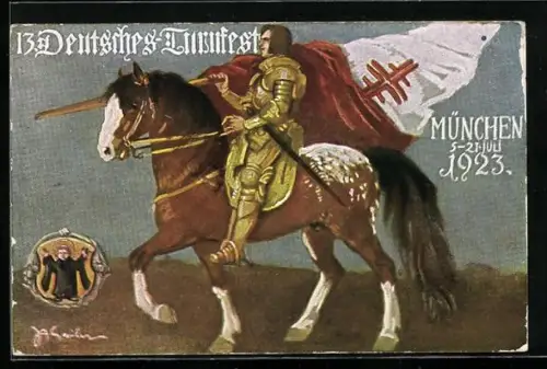 AK München, 13. Deutsches Turnfest 1923, Fahnenträger zu Pferd, Münchner Kindl