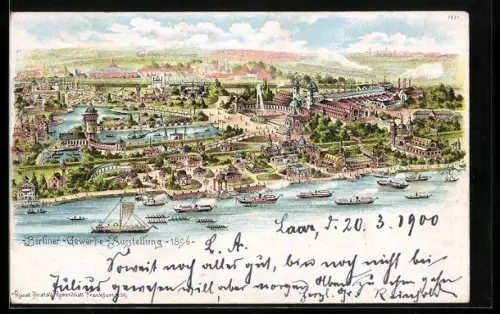 Lithographie Berlin, Berliner Gewerbe-Ausstellung 1896, Totalansicht aus der Vogelschau