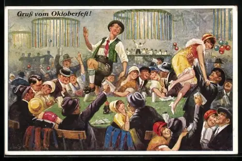 AK München, Oktoberfest, Fröhliches Feiern mit Tanz auf dem Tisch