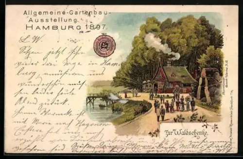 Lithographie Hamburg, Allg.-Gartenbau-Ausstellung 1897, Zur Waldschänke